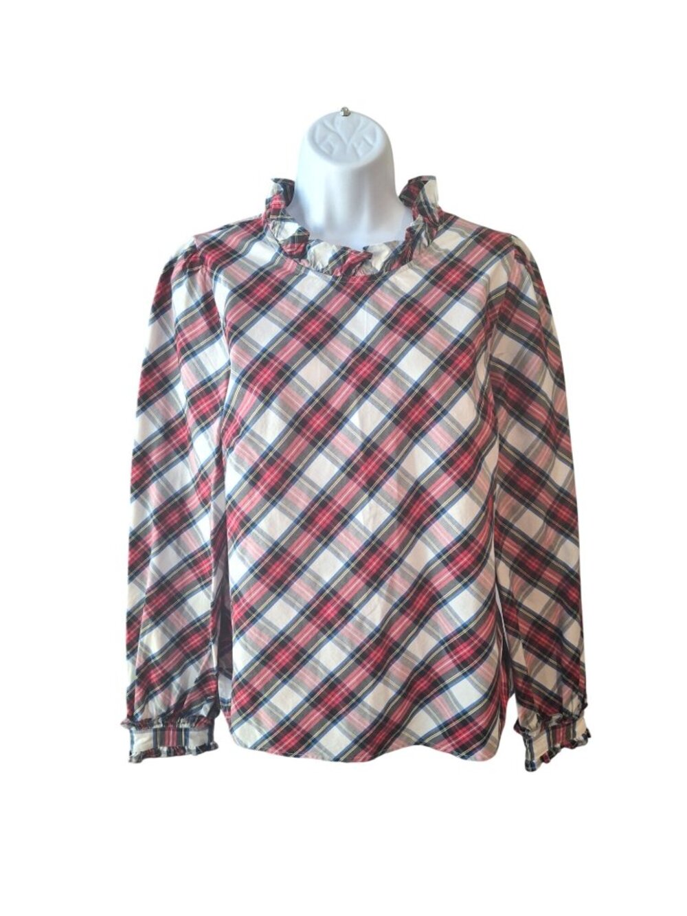 J Crew Womens M Tartan Plaid Ruffle Neck Blouse Cotton Holiday Preppy Top